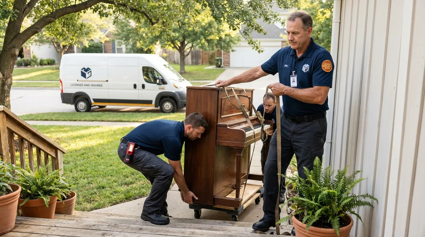Licensed piano movers securing grand piano in Franklin, KY