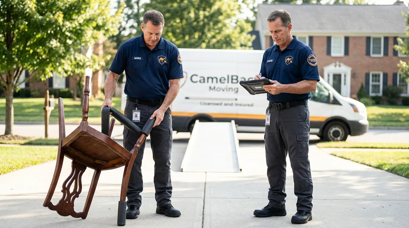 Movers inspecting furniture for damage prevention before loading in Franklin, KY