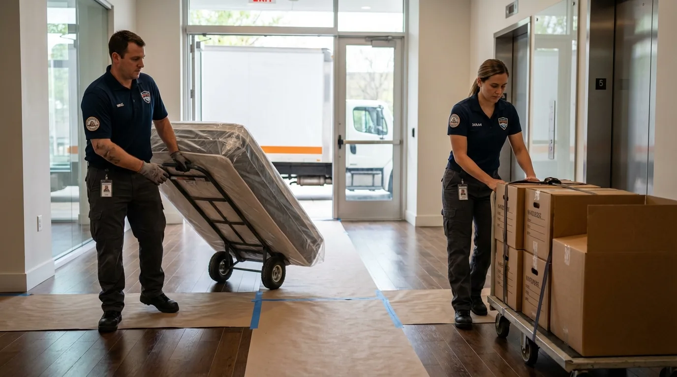 Professional apartment movers loading elevator in Franklin, KY