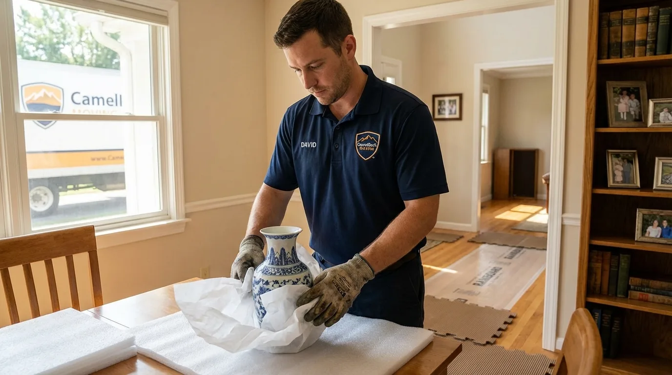Professional crew carefully wrapping antique vase for senior downsizing move in Franklin, KY